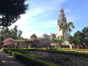 Shot of the Balboa Park Tower with a garden in front