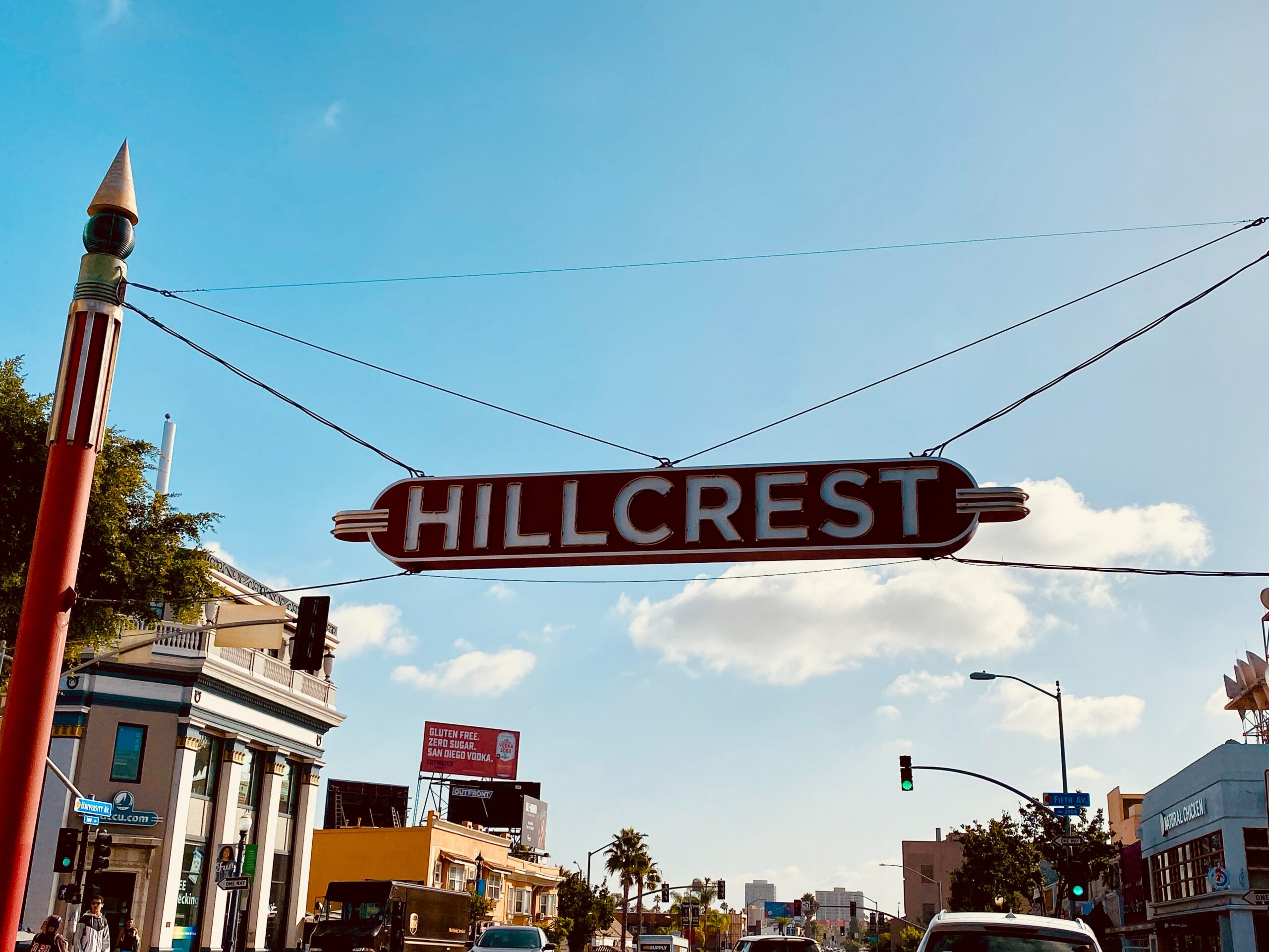 Front shot of the red Hillcrest city sign